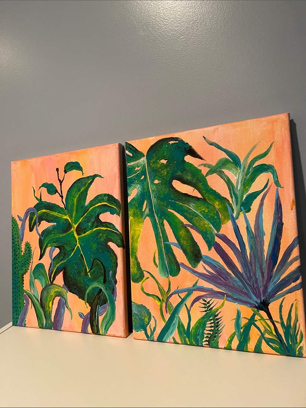 Set of 2 Original Hand-Painted Monstera Tropical Leaf Canvas